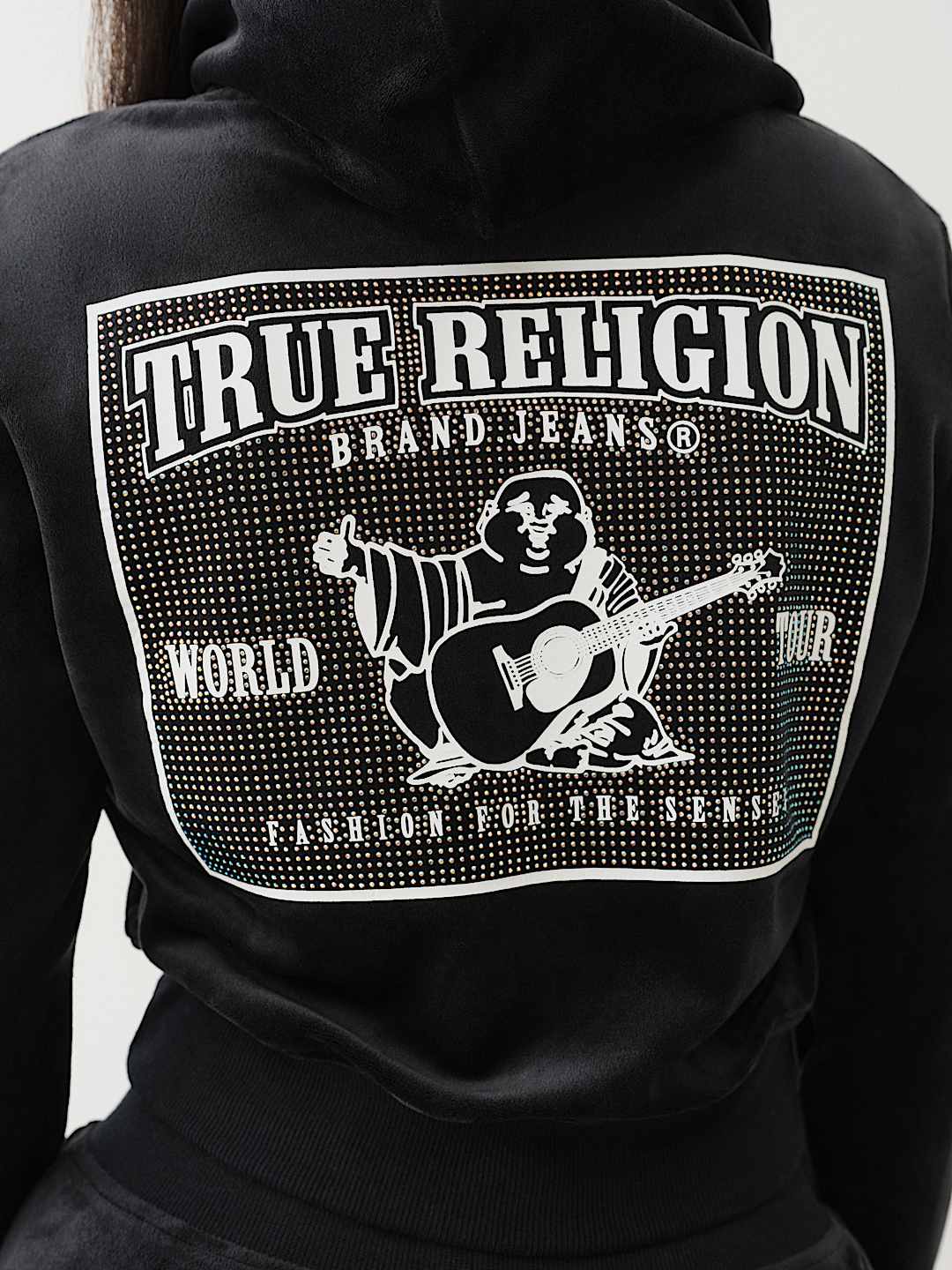 Худи True Religion укороченное велюровое на молнии со стразами, черное
