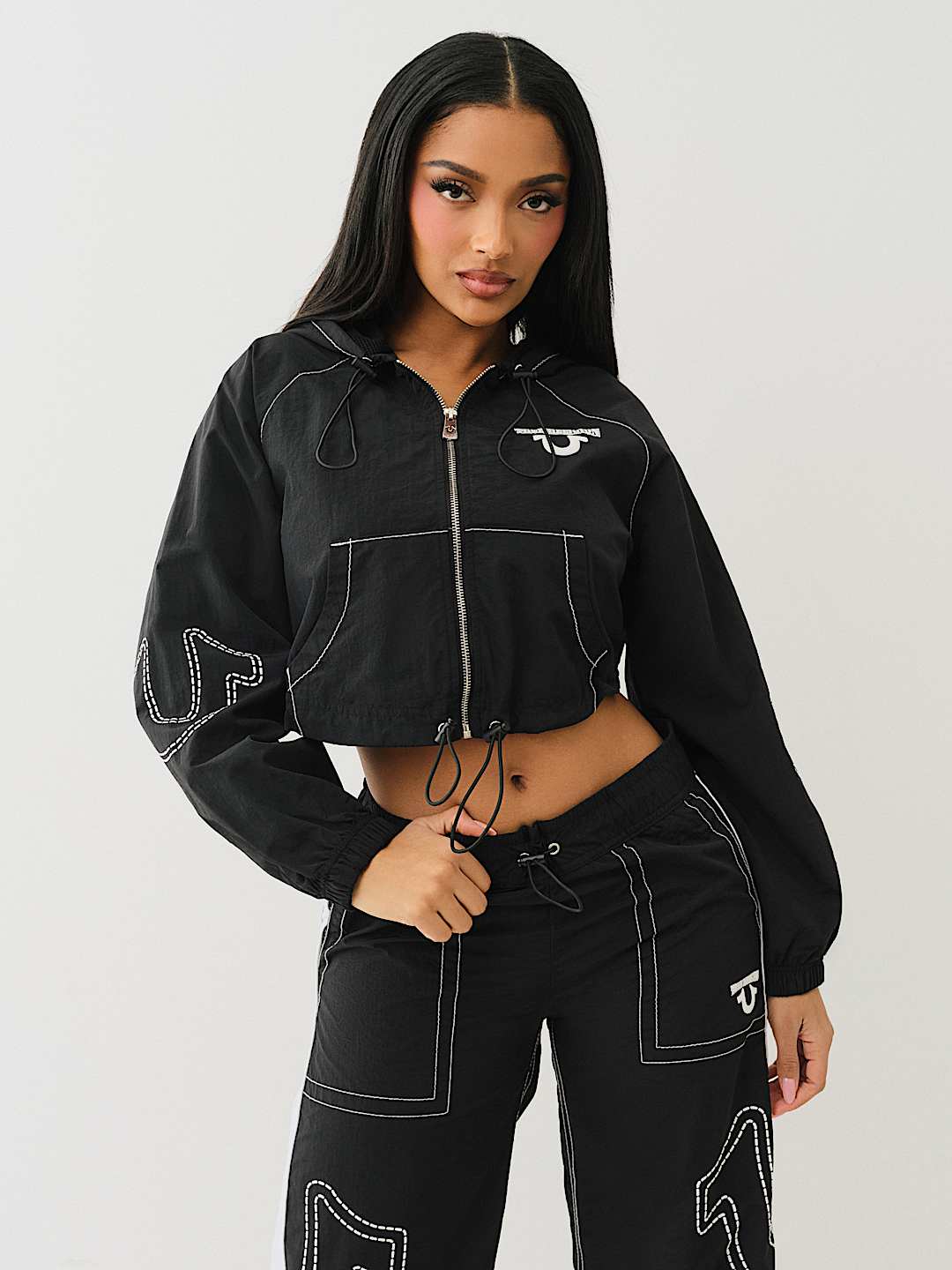 Женское нейлоновое худи True Religion укороченное на молнии, черное