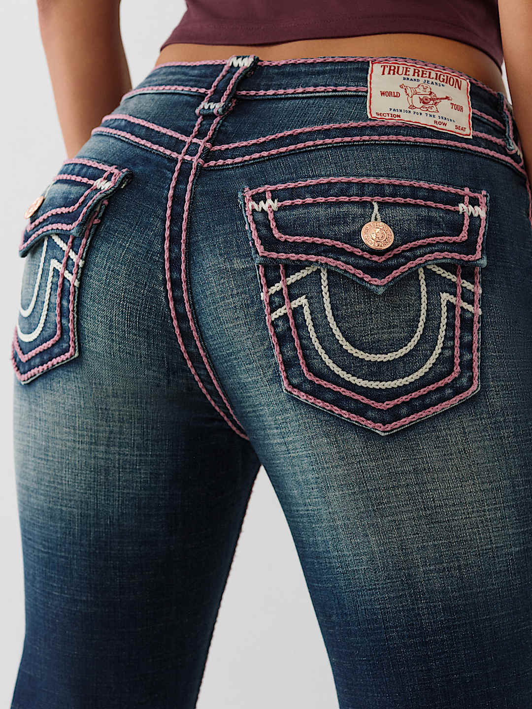 Женские джинсы True Religion Becca клеш с розовой строчкой, jazz lounge