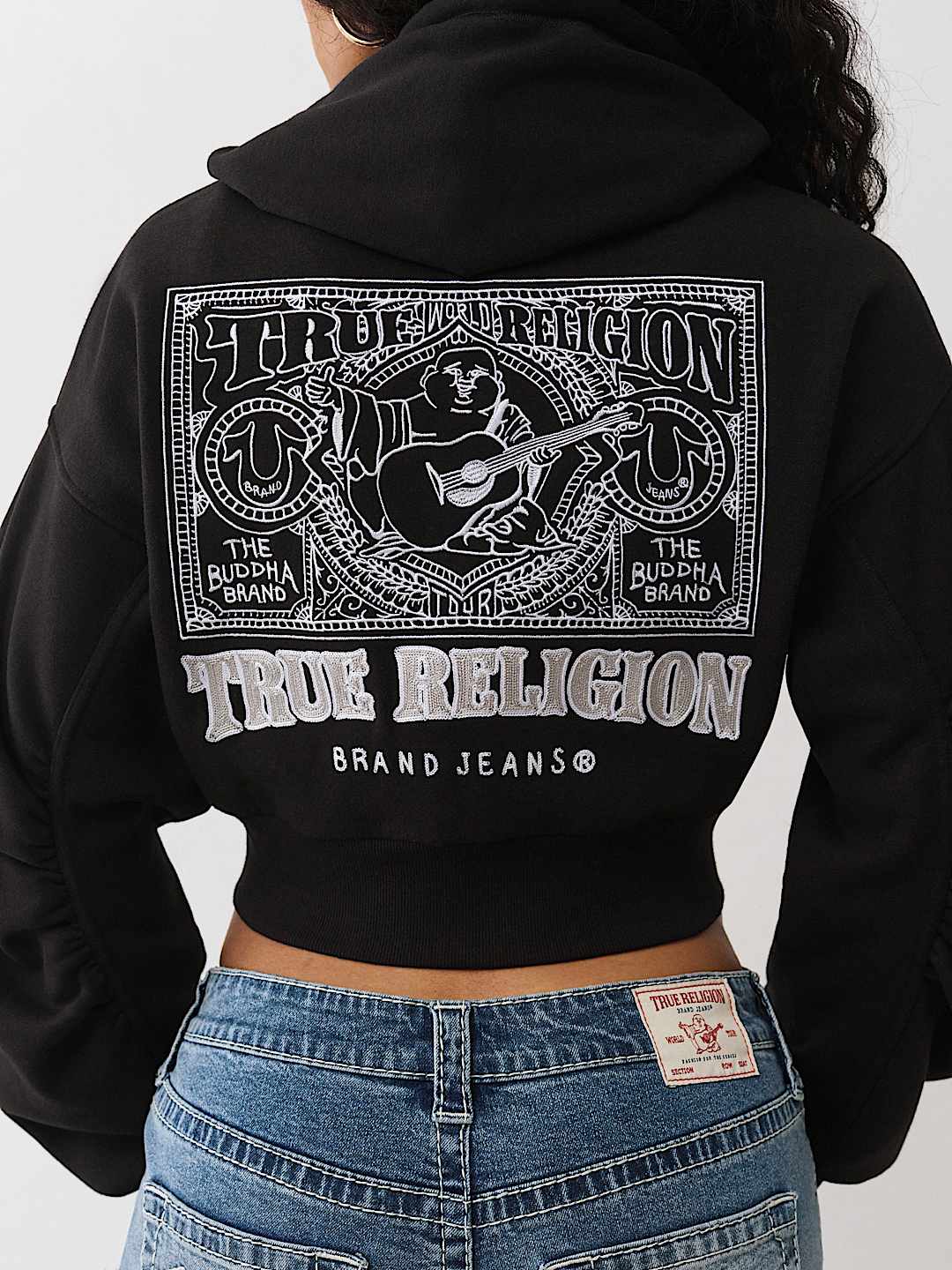Женское худи True Religion укороченное на молнии со сборками на рукавах и принтом Будды, черное