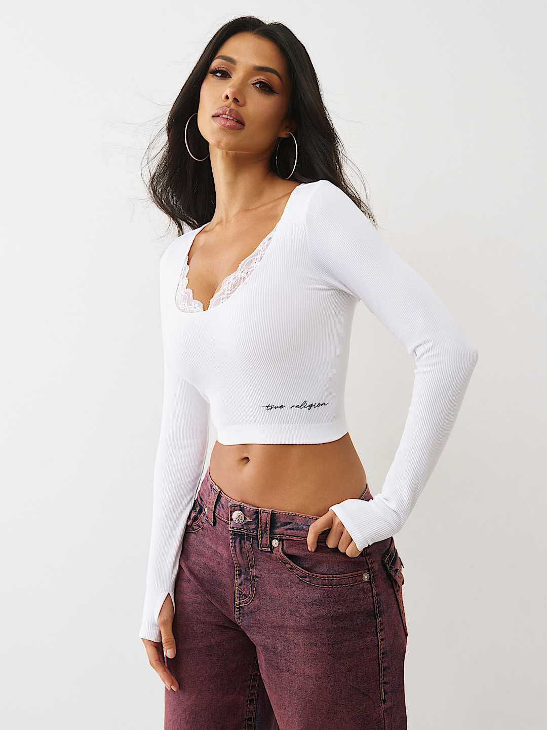 SEAMLESS LACE SCOOP NECK LONG SLEEVE TOP, image 4