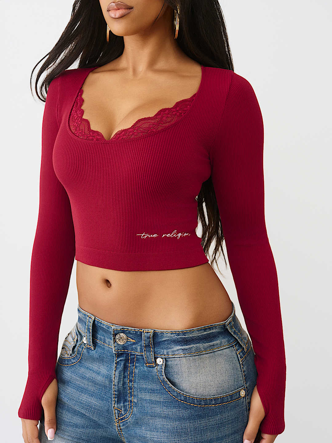 SEAMLESS LACE SCOOP NECK LONG SLEEVE TOP, image 5