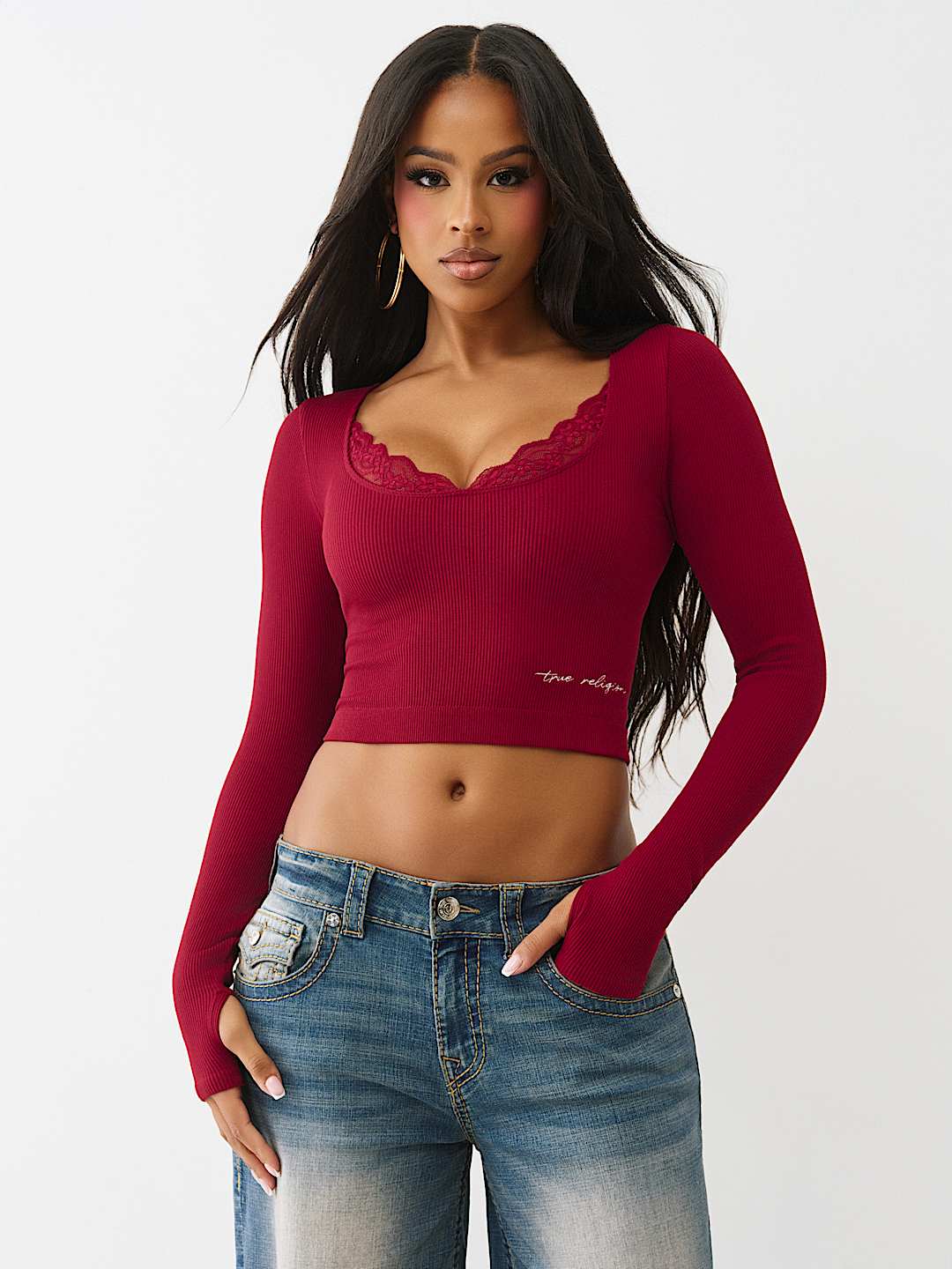 SEAMLESS LACE SCOOP NECK LONG SLEEVE TOP, image 1