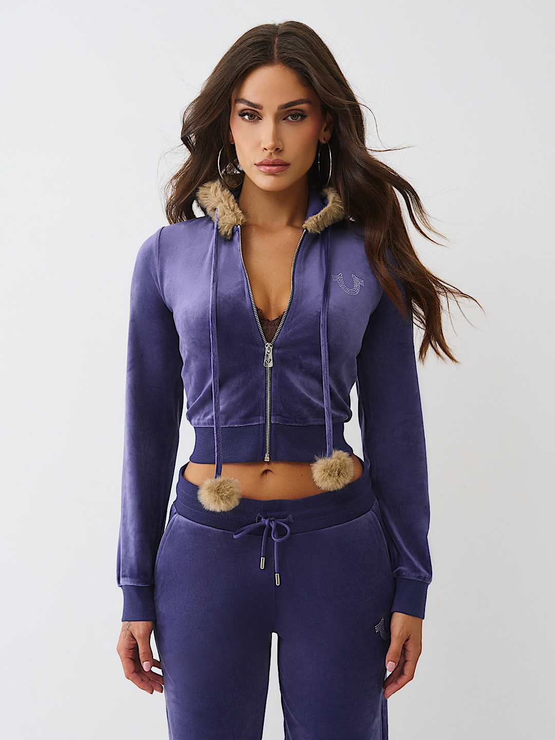 VELOUR FAUX FUR SHRUNKEN ZIP HOODIE, image 2