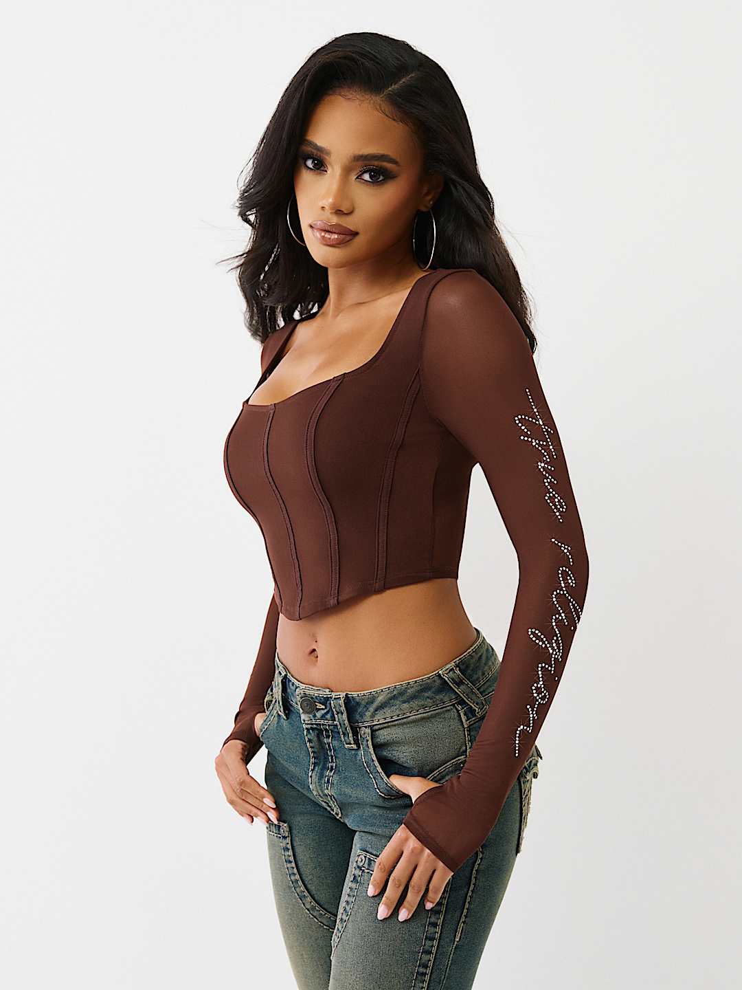 CRYSTAL MESH LONG SLEEVE TOP, image 1