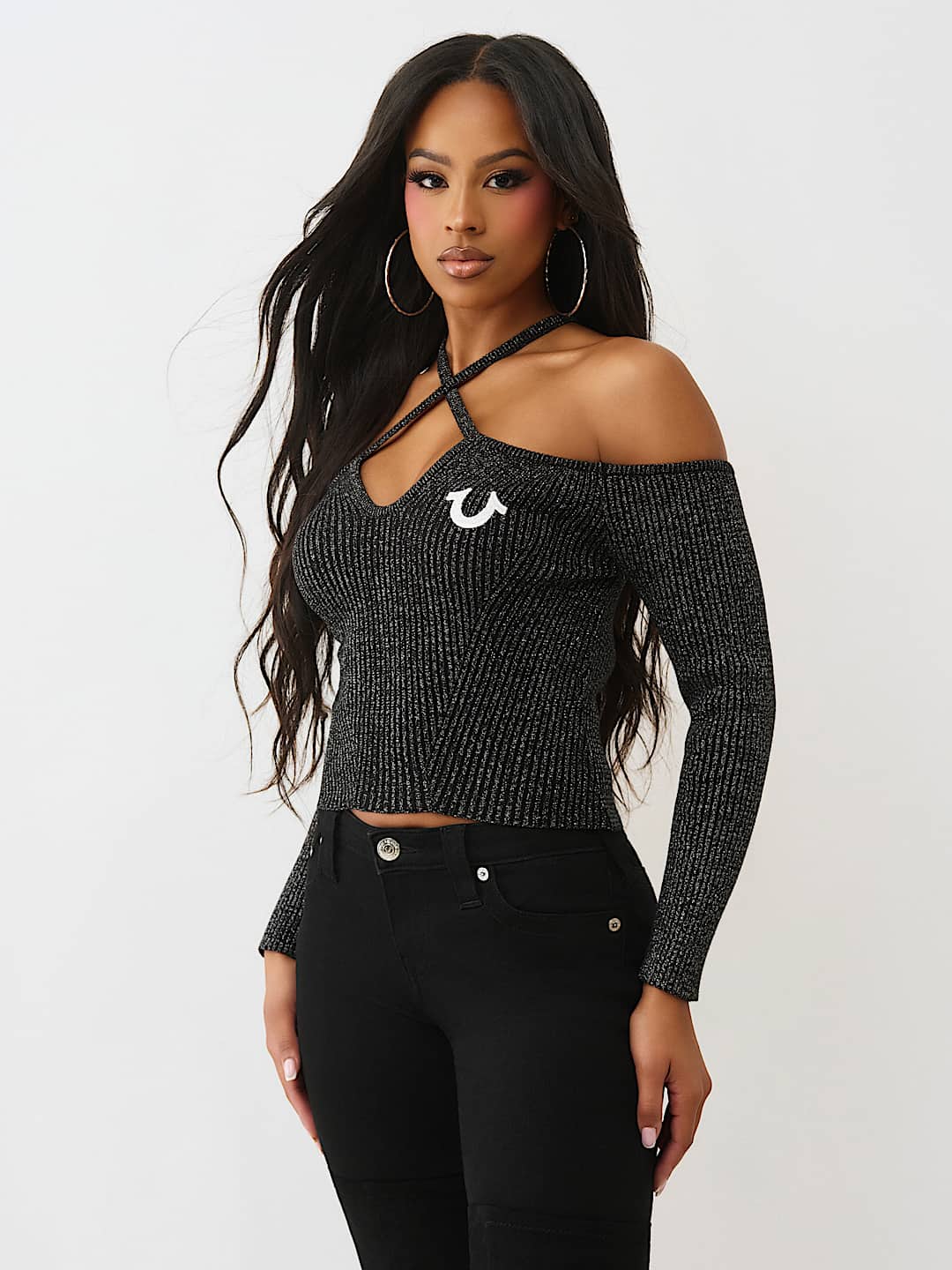 HORSESHOE LUREX CROSS STRAP RIBBED LONG SLEEVE TOP, image 4