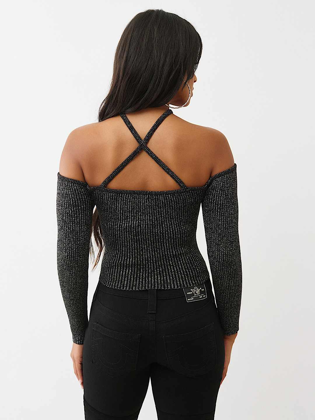 HORSESHOE LUREX CROSS STRAP RIBBED LONG SLEEVE TOP, image 5