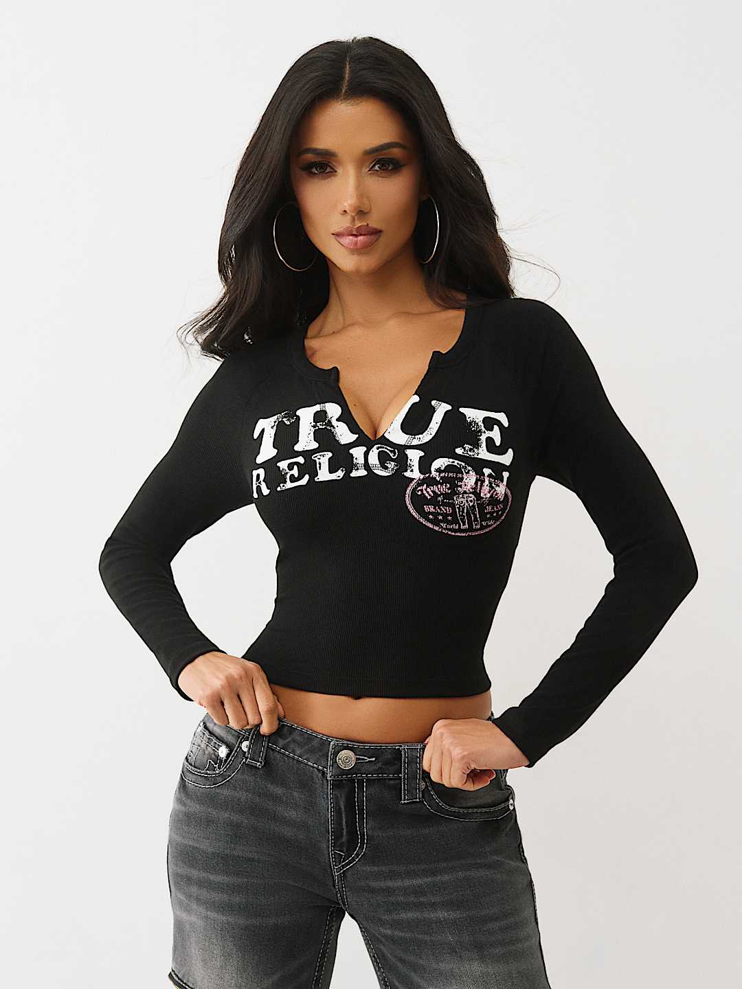 RIBBED V-NOTCH RAGLAN LONG SLEEVE TEE, image 3