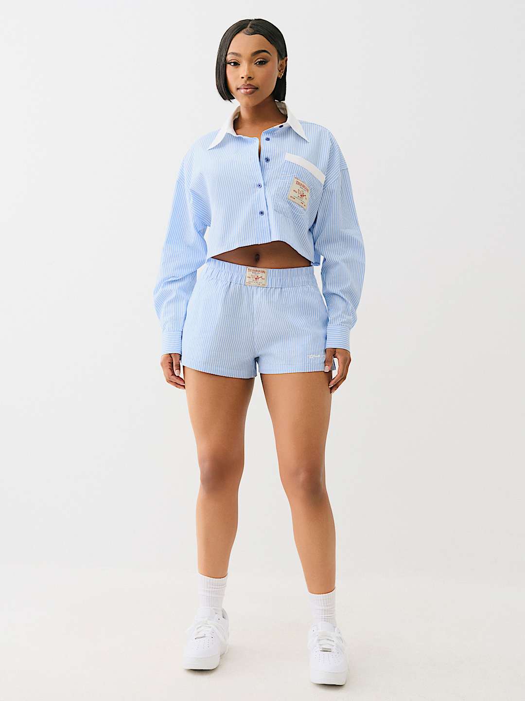 PINSTRIPED BUTTON DOWN CROP SHIRT