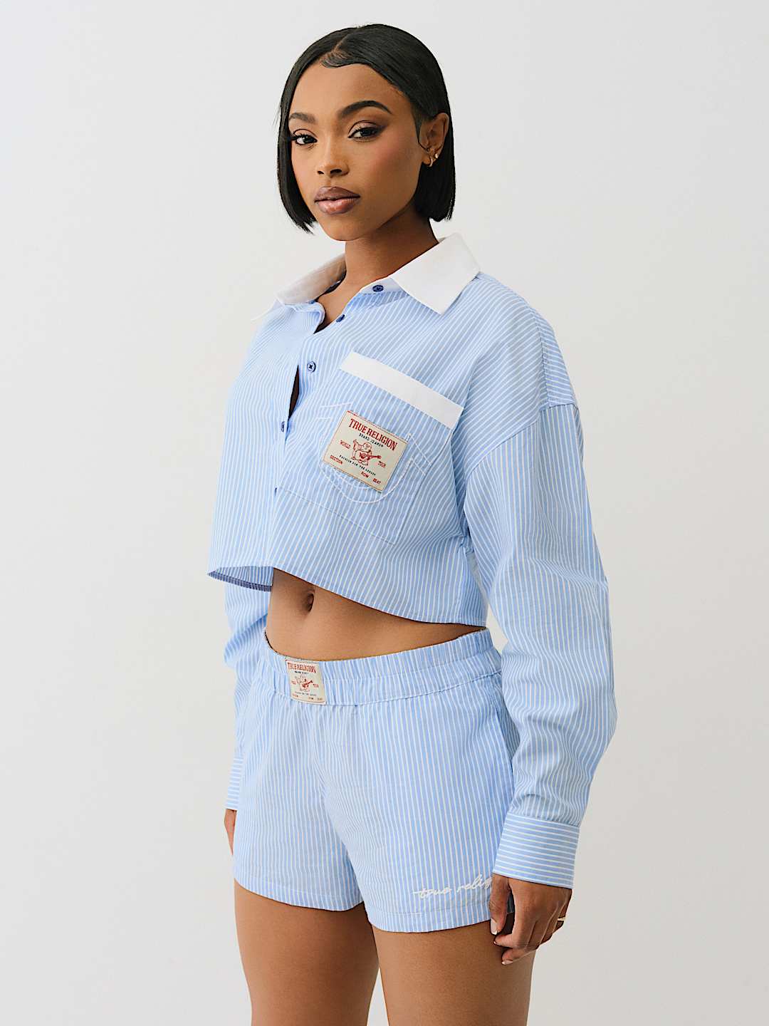 PINSTRIPED BUTTON DOWN CROP SHIRT