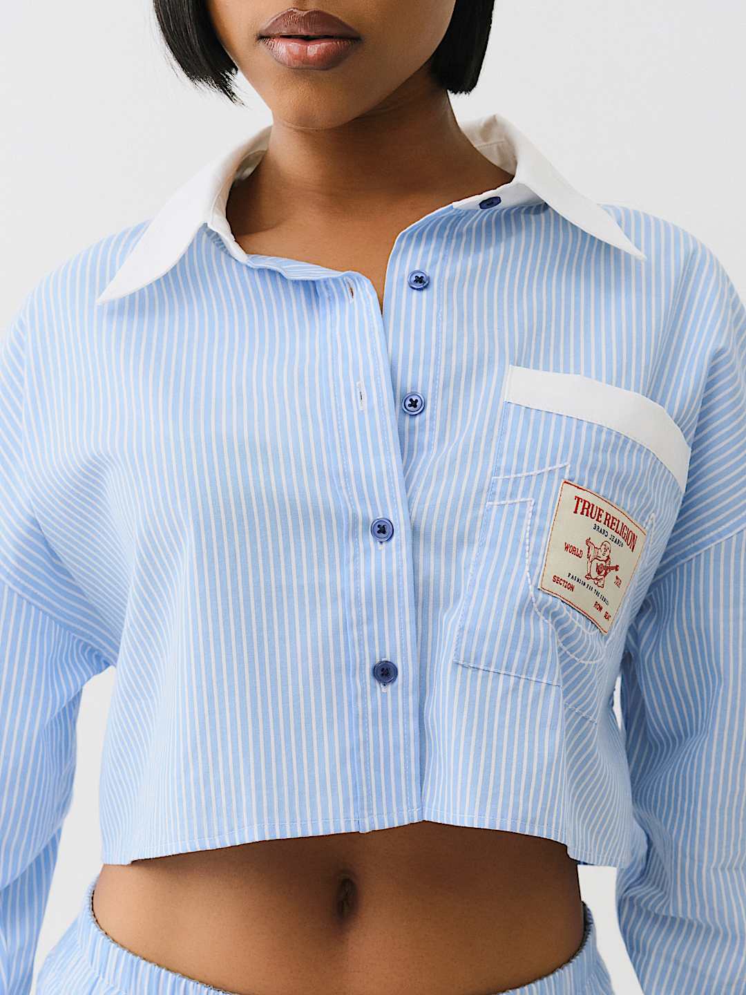 PINSTRIPED BUTTON DOWN CROP SHIRT