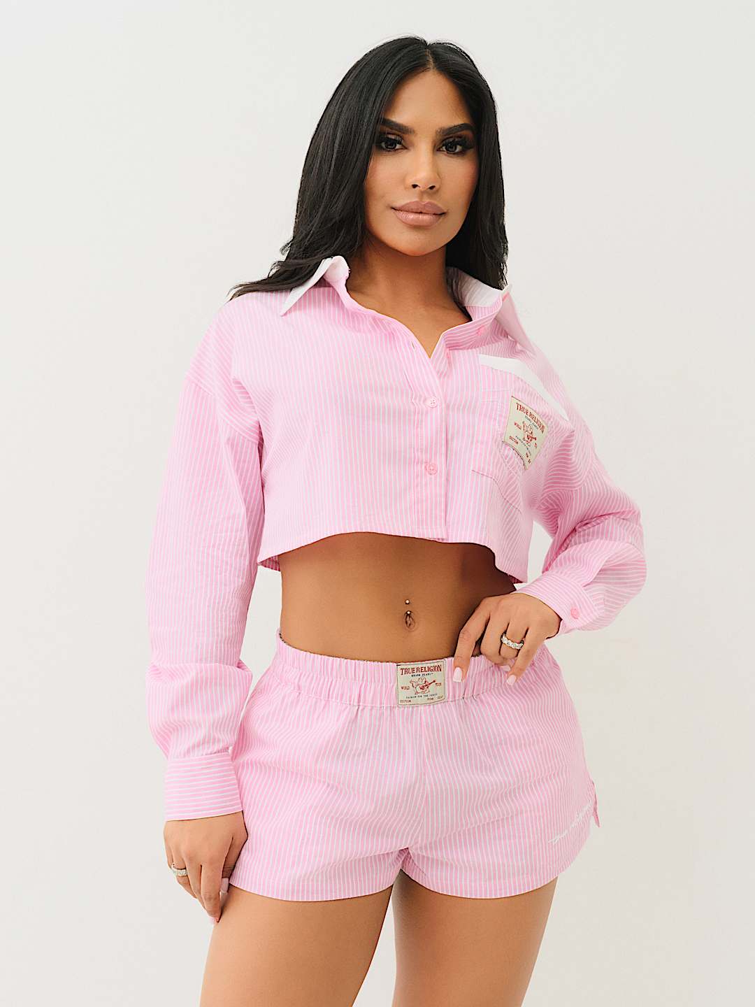 PINSTRIPED BUTTON DOWN CROP SHIRT, image 1