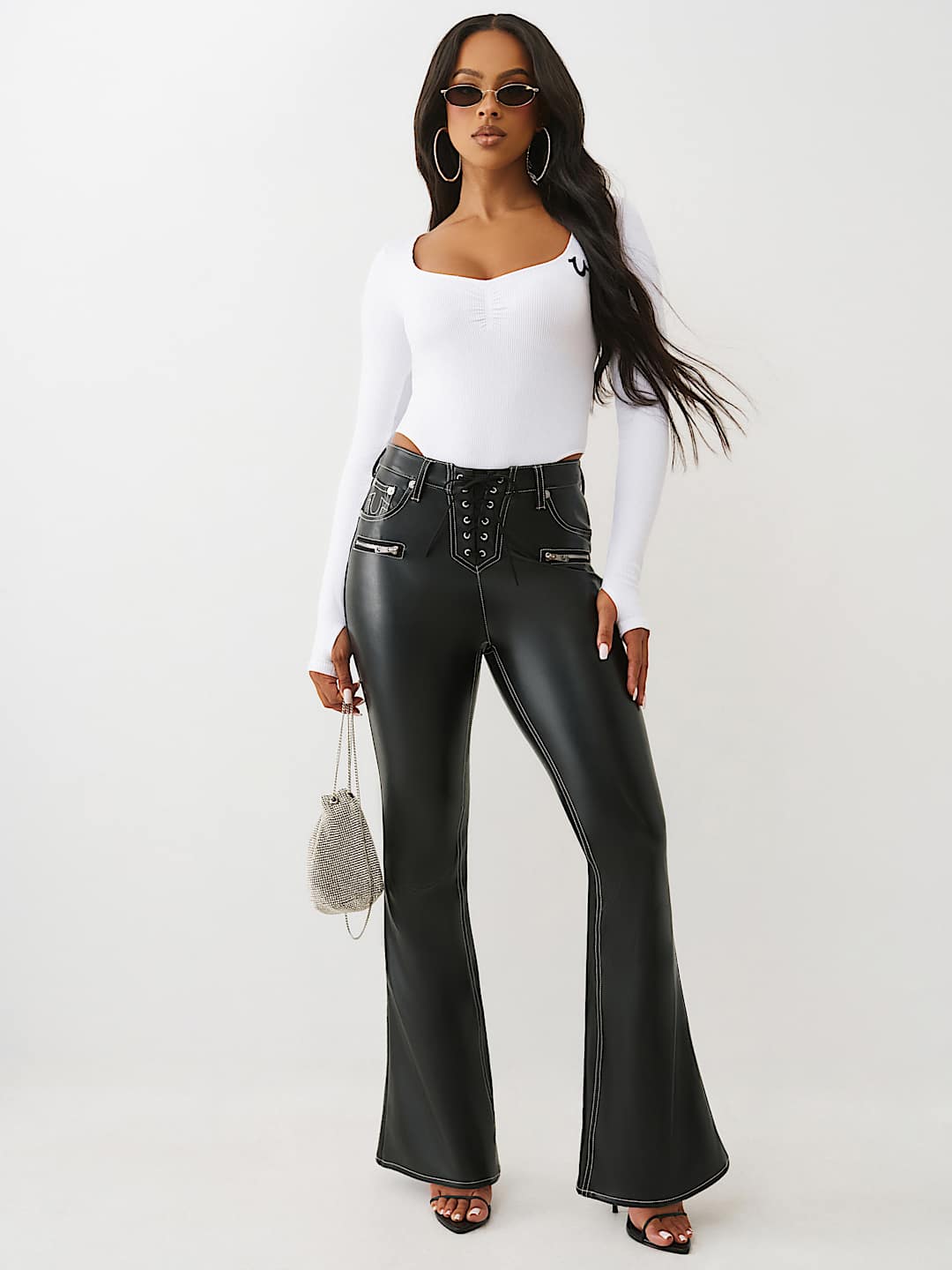 CHARLIE HIGH RISE LACE-UP FAUX LEATHER FLARE PANT - Black | True