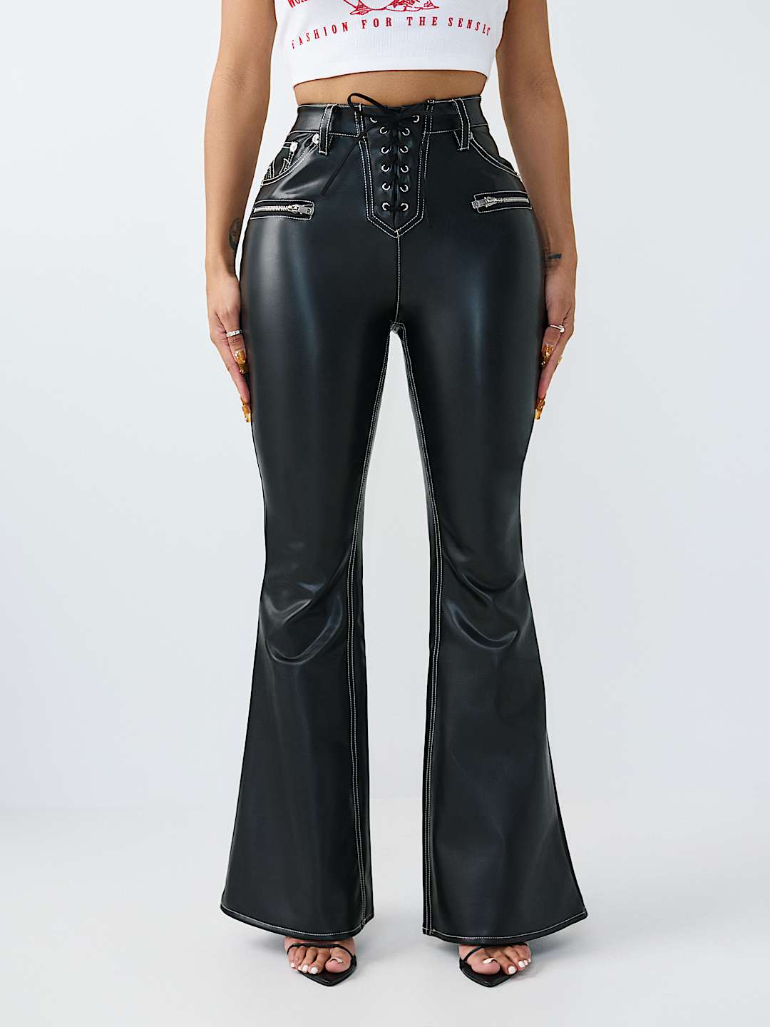 CHARLIE HIGH RISE LACE-UP FAUX LEATHER FLARE PANT, image 1