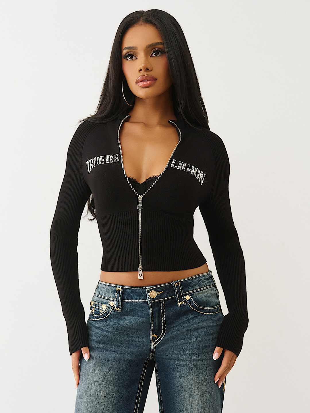 Женский свитер True Religion Crystal Zip на молнии, с кристаллами, черный