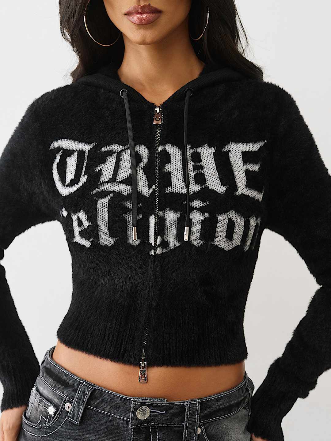 JACQUARD LOGO FUZZY ZIP HOODIE, image 2