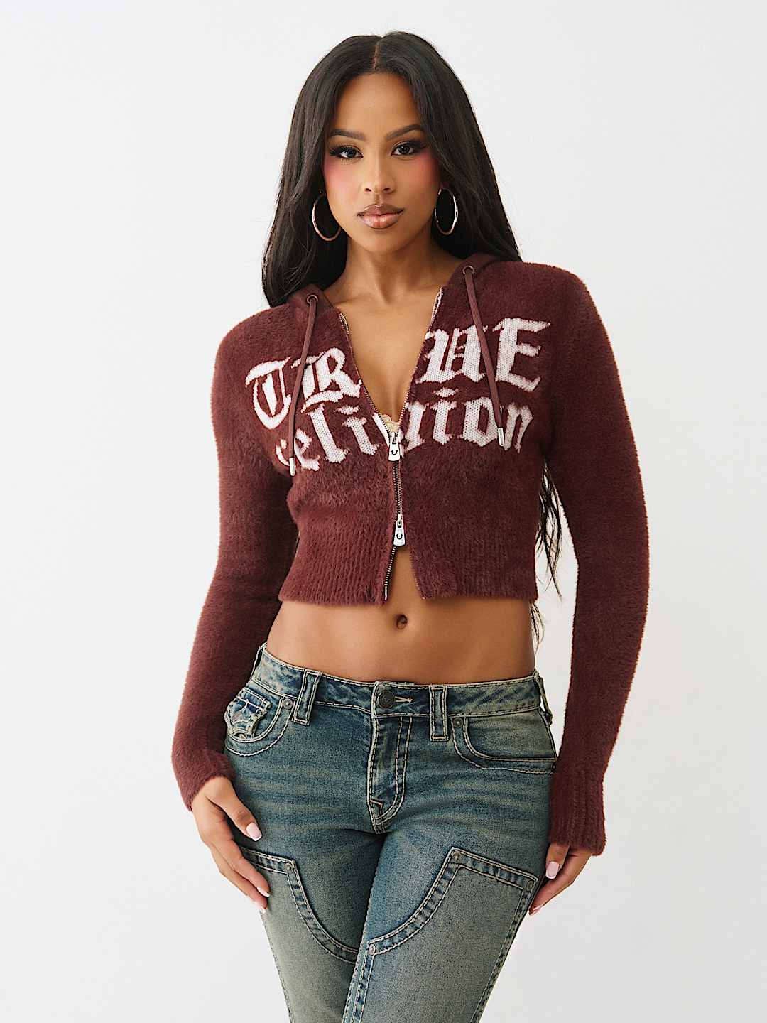 JACQUARD LOGO FUZZY ZIP HOODIE, image 1
