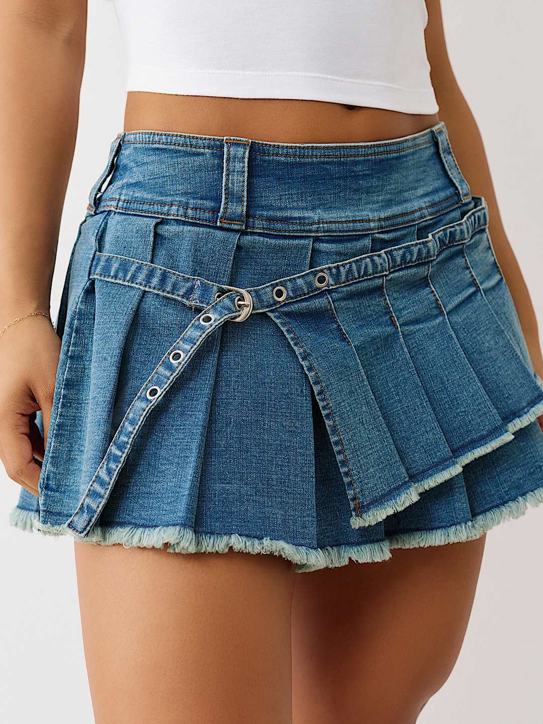 ASYMMETRIC PLEATED DENIM MINI SKIRT