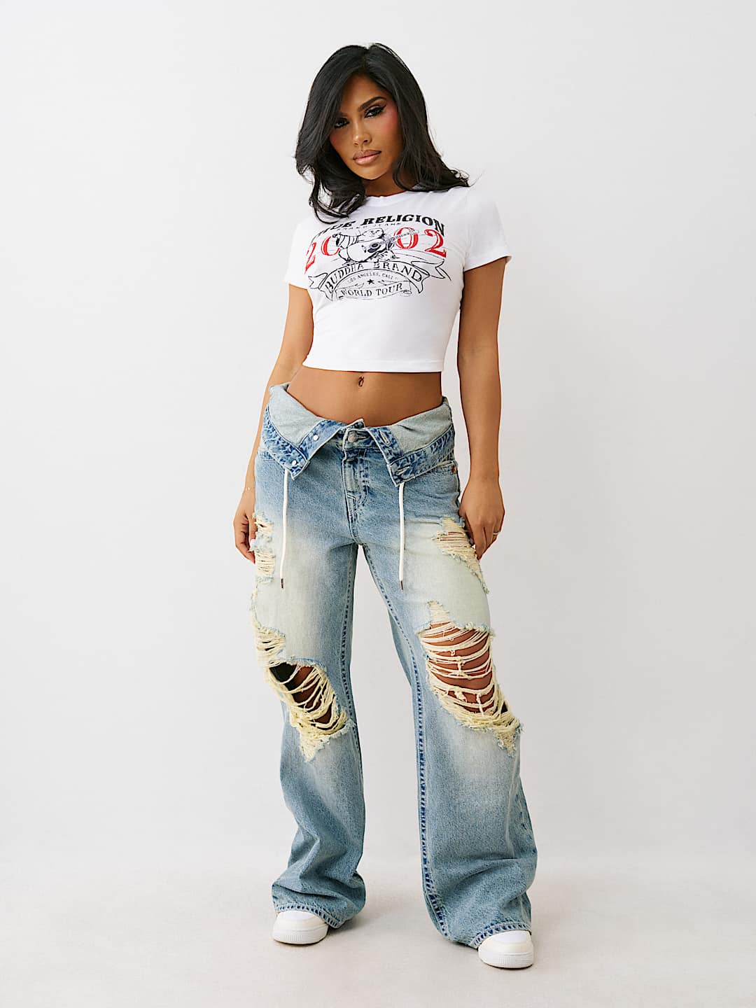 BOBBI DOUBLE WAISTBAND DISTRESSED BAGGY JEAN