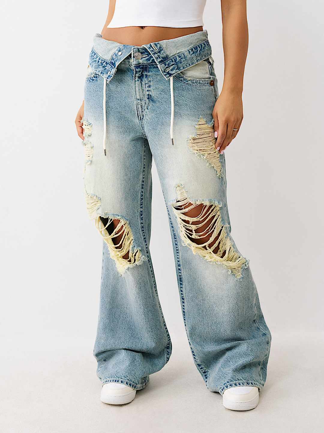 BOBBI DOUBLE WAISTBAND DISTRESSED BAGGY JEAN