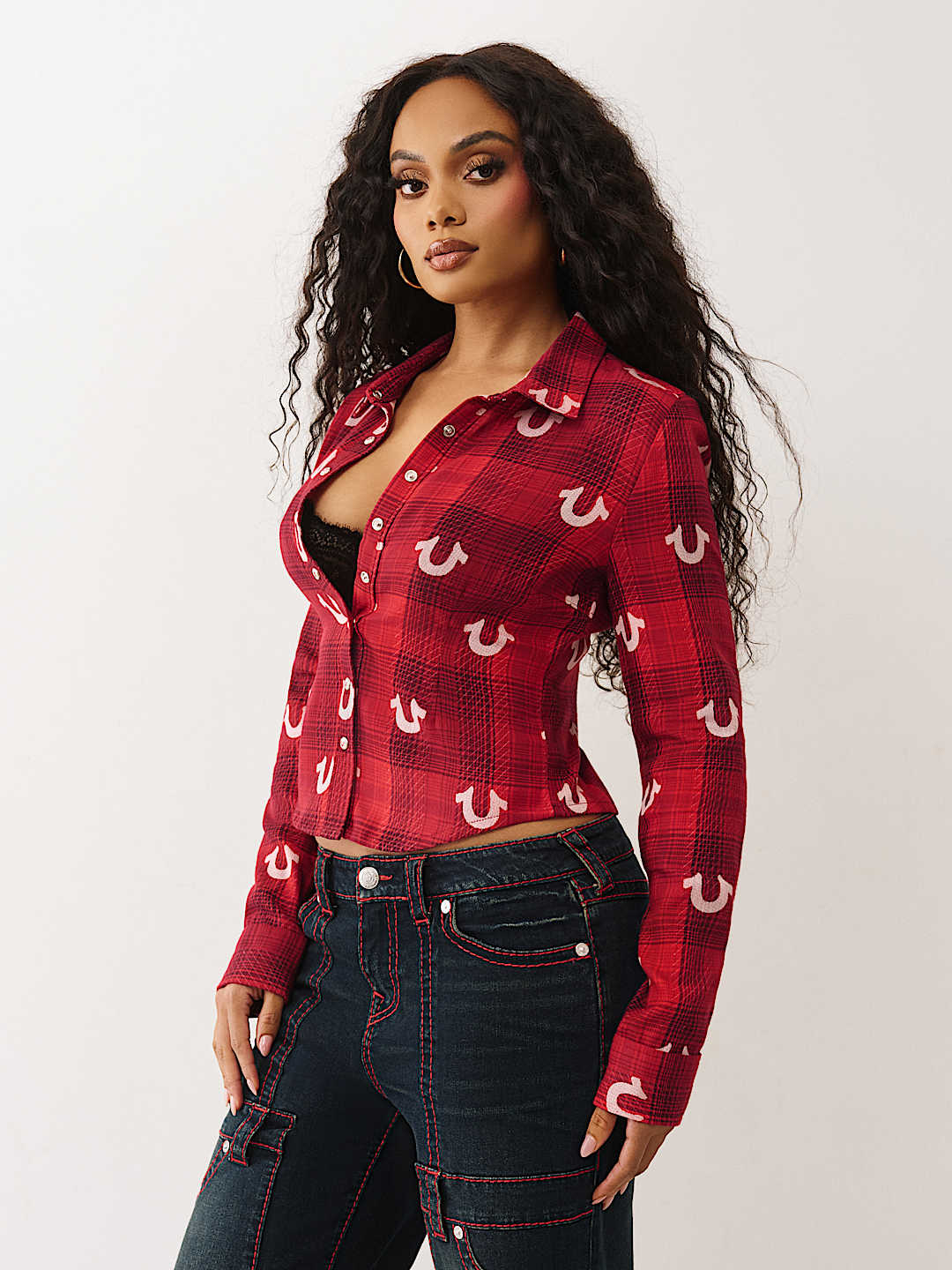 PLAID HORSESHOE WOVEN TOP, image 3