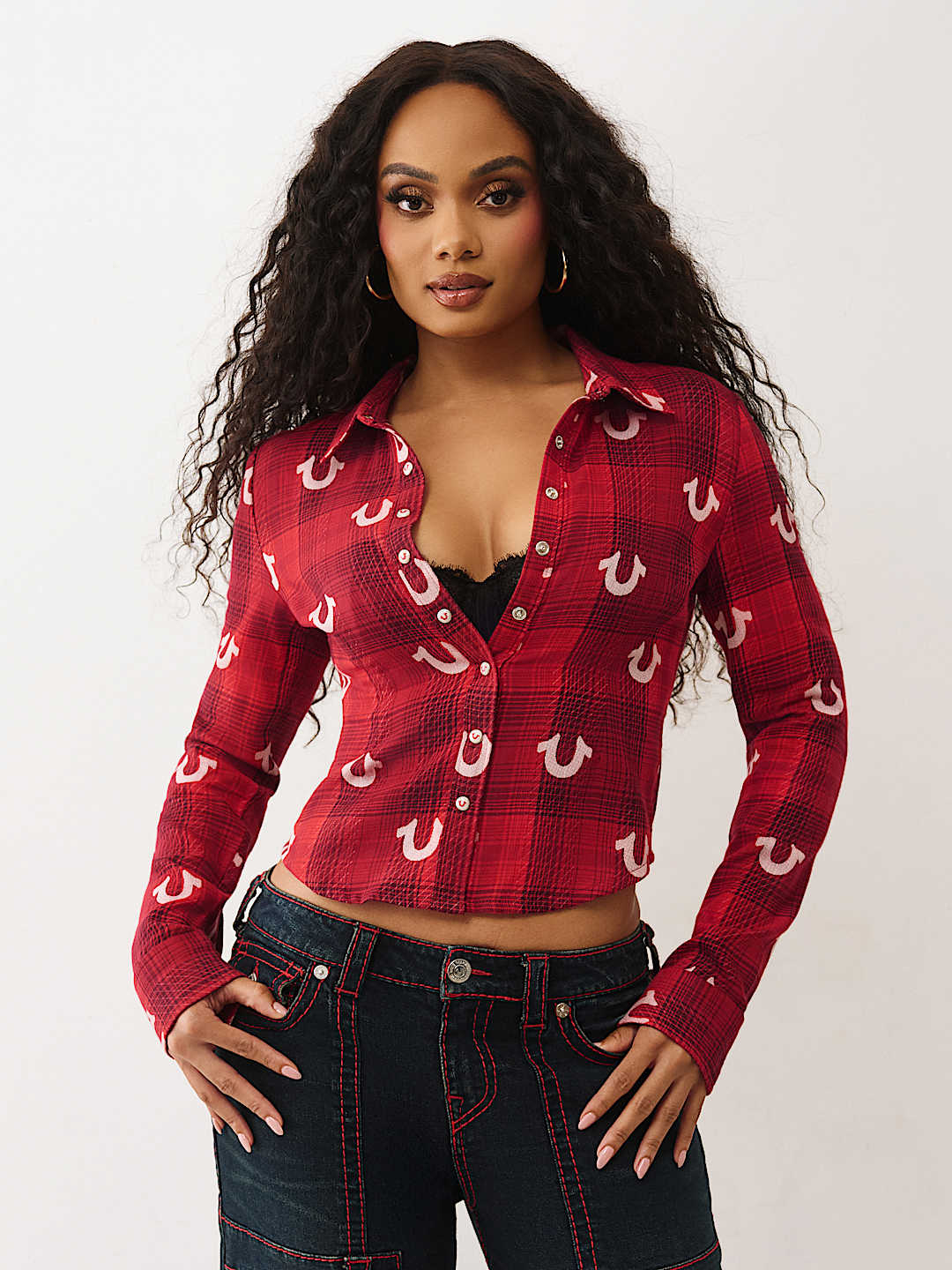 PLAID HORSESHOE WOVEN TOP, image 1