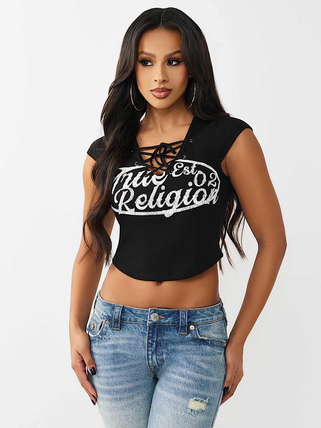 LACE-UP CAP SLEEVE RIBBED TOP, image 2