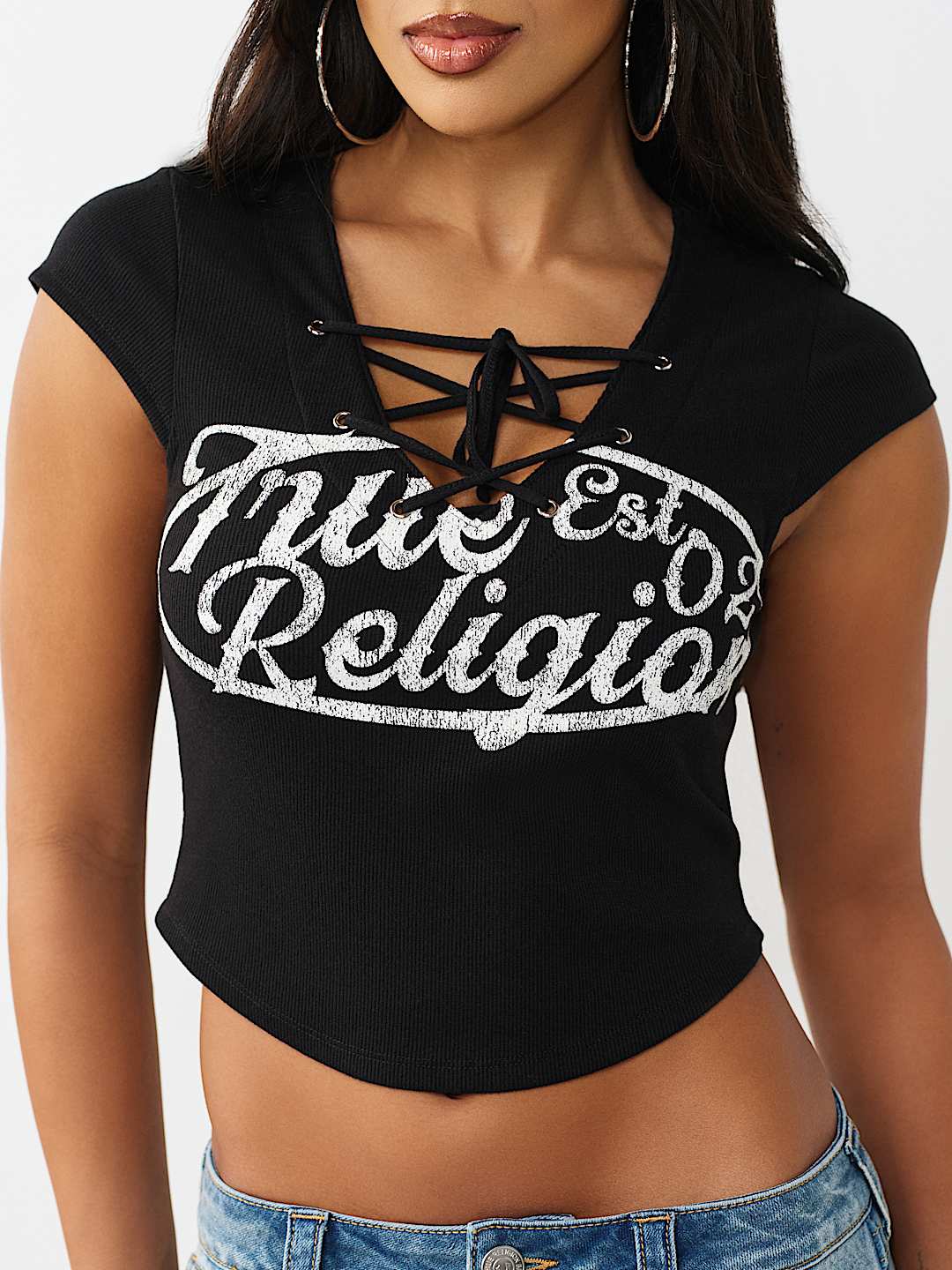 LACE-UP CAP SLEEVE RIBBED TOP, image 1