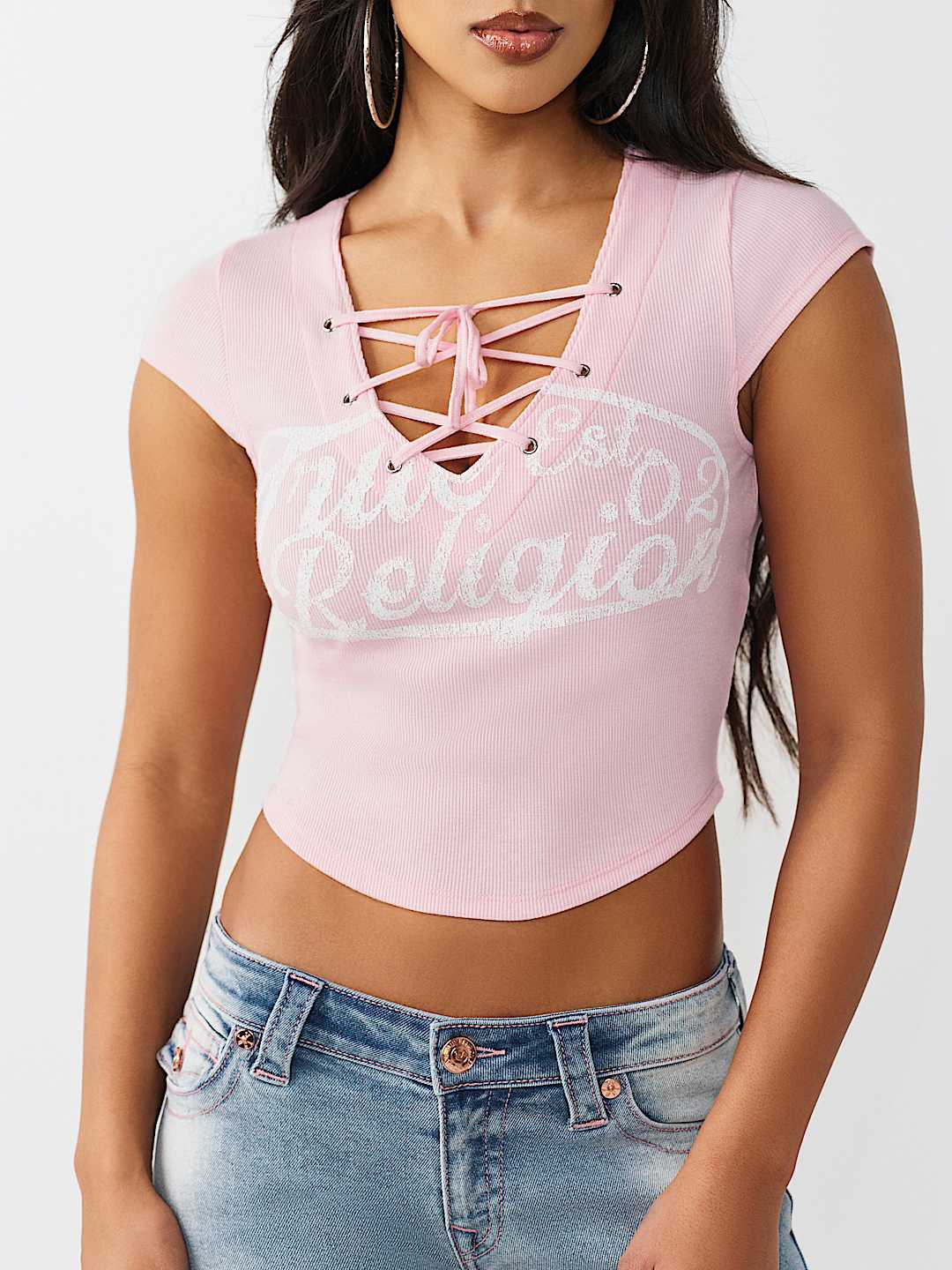 LACE-UP CAP SLEEVE RIBBED TOP, image 1