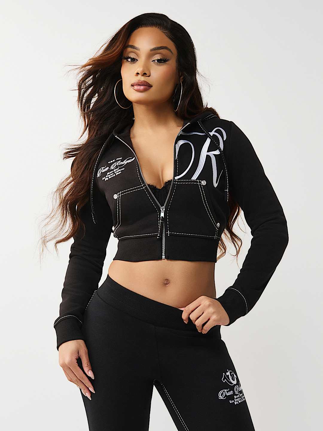 EMBROIDERED BIG T SHRUNKEN ZIP HOODIE, image 2