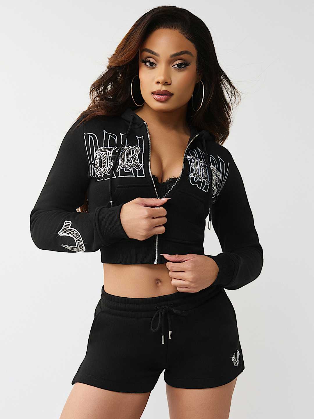 CRYSTAL EMBROIDERED SHRUNKEN ZIP HOODIE, image 1