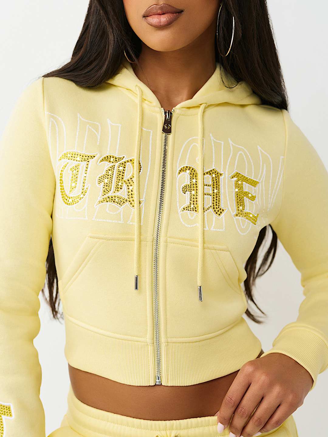 CRYSTAL EMBROIDERED SHRUNKEN ZIP HOODIE, image 1