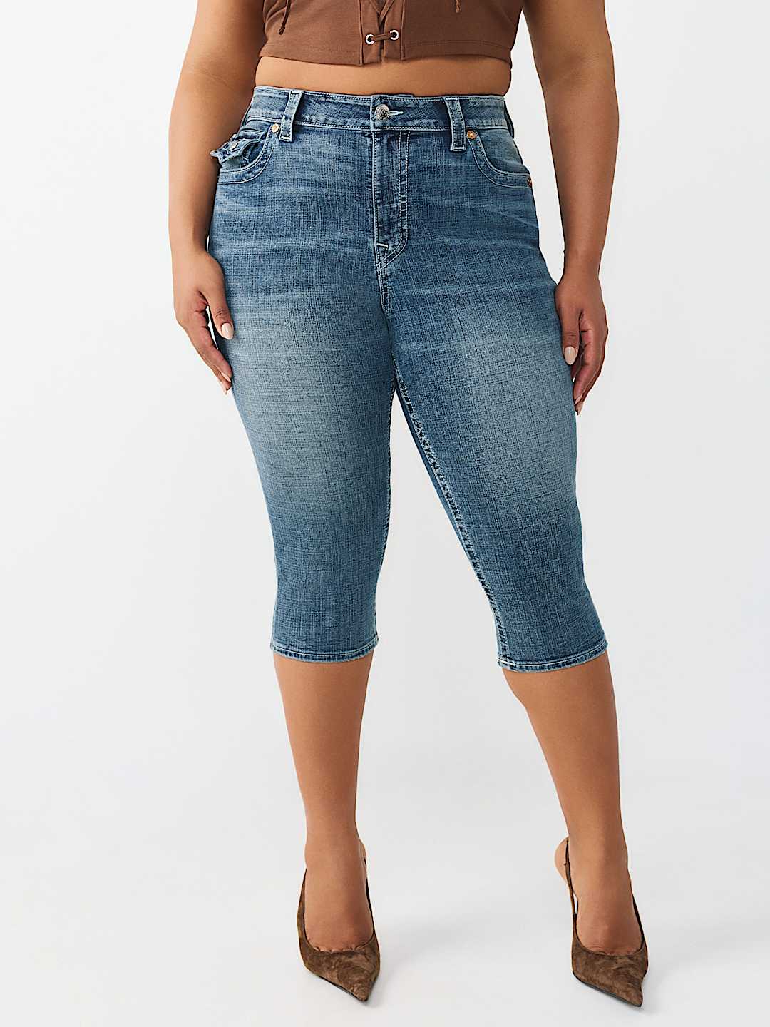 PLUS JENNIE MID RISE FLAP CURVY SKINNY CAPRI, image 1