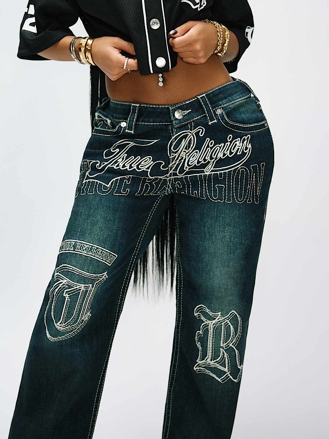 BOBBI MID RISE EMBROIDERED BIG T BAGGY JEAN, image 2