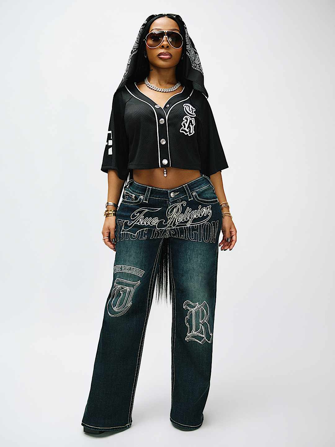 BOBBI MID RISE EMBROIDERED BIG T BAGGY JEAN, image 1