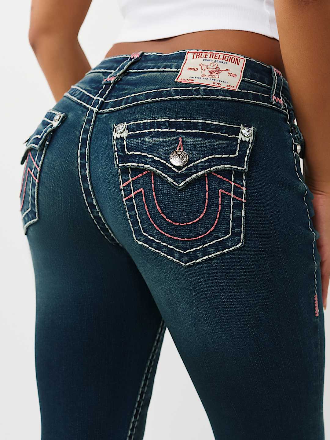 Женские джинсы True Religion Jennie узкие фигурной посадки, с клапанами, голубые