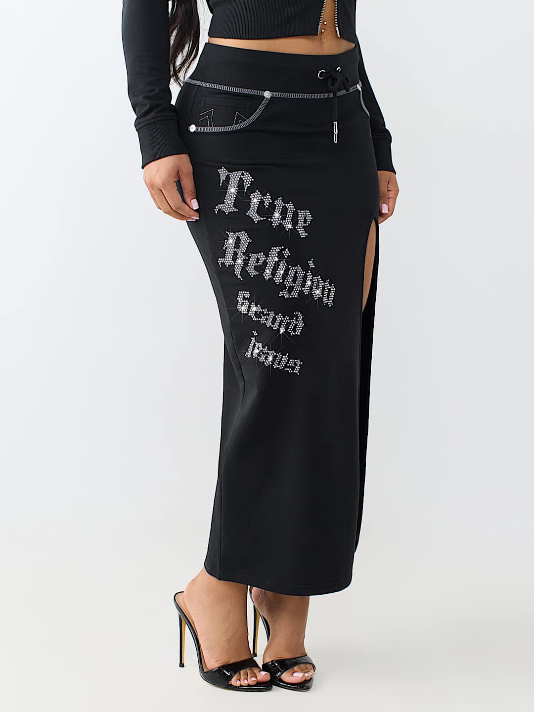 CRYSTAL CONTRAST STITCH MIDI SKIRT