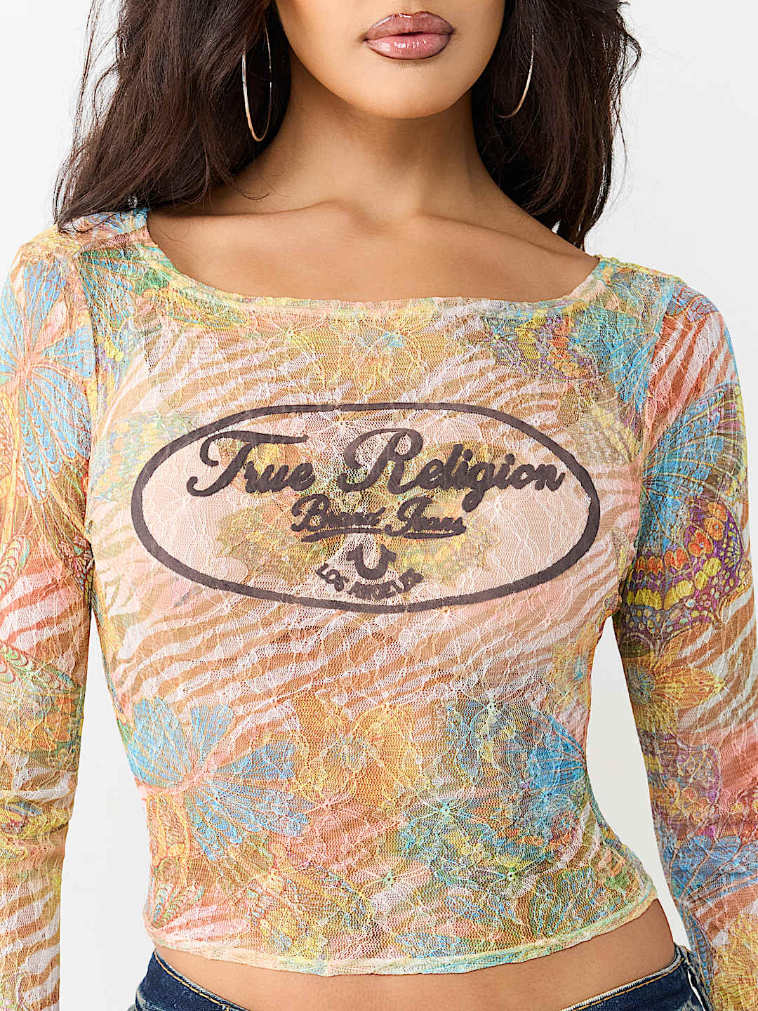 ALLOVER PRINT BUTTERFLY LACE LONG SLEEVE TOP