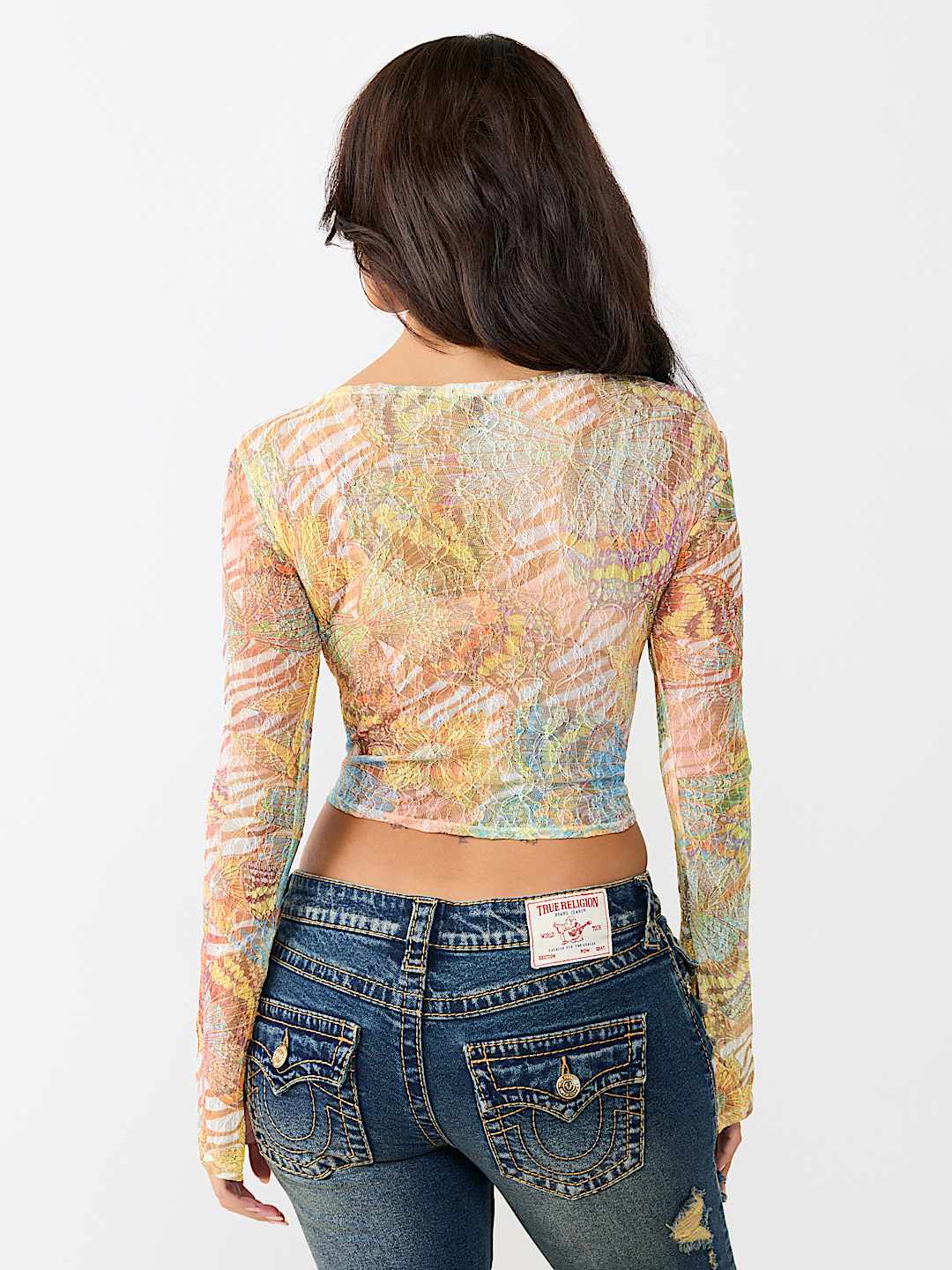ALLOVER PRINT BUTTERFLY LACE LONG SLEEVE TOP