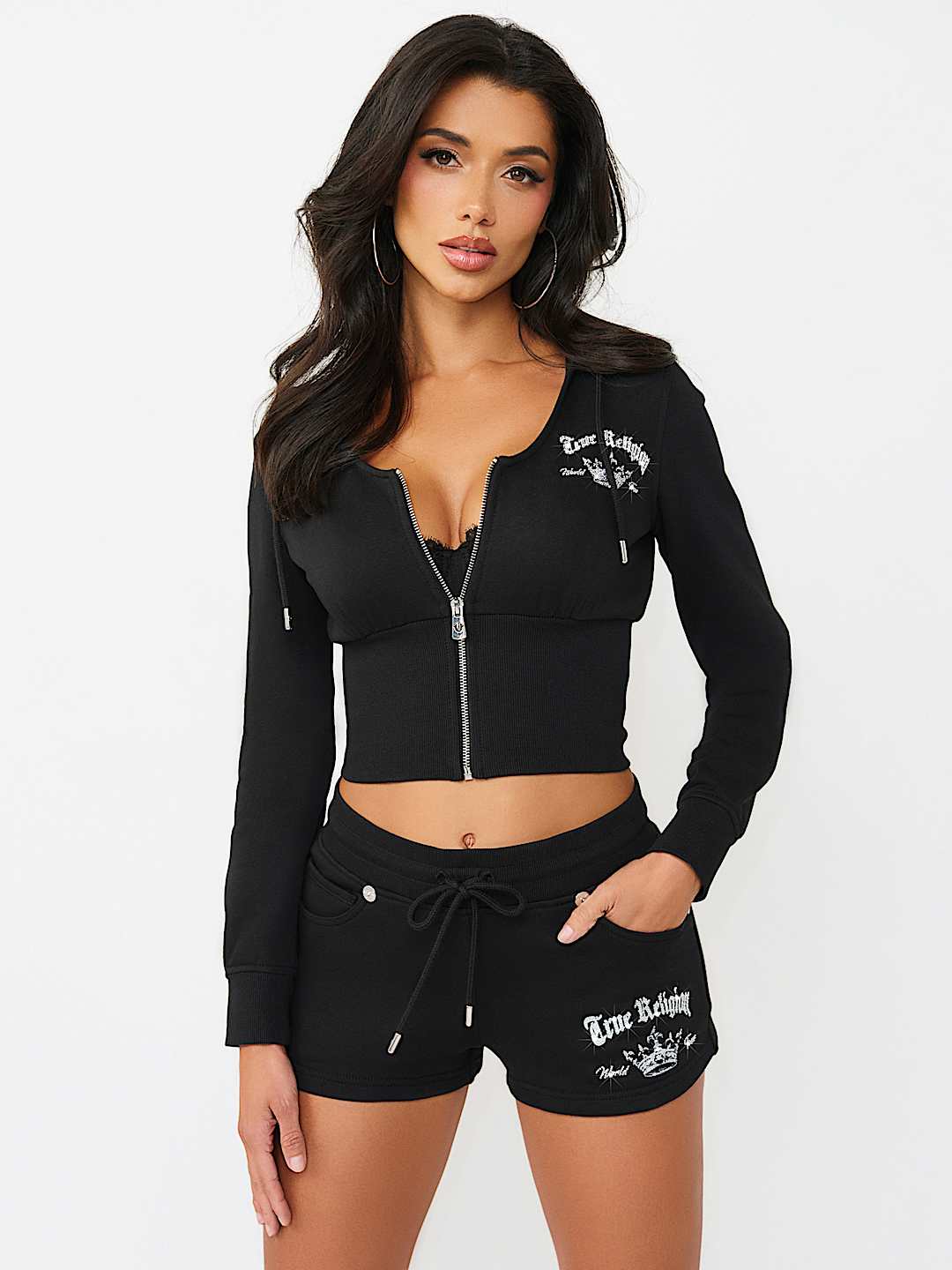 CRYSTAL LOW PLUNGE FRENCH TERRY ZIP HOODIE, image 2