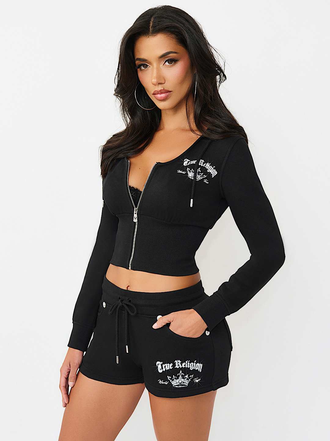 CRYSTAL LOW PLUNGE FRENCH TERRY ZIP HOODIE, image 4