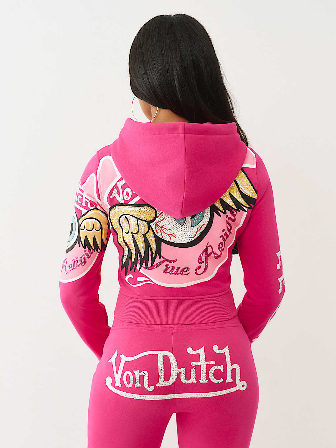 TRUE RELIGION X VON DUTCH CRYSTAL SHRUNKEN ZIP HOODIE - Pink