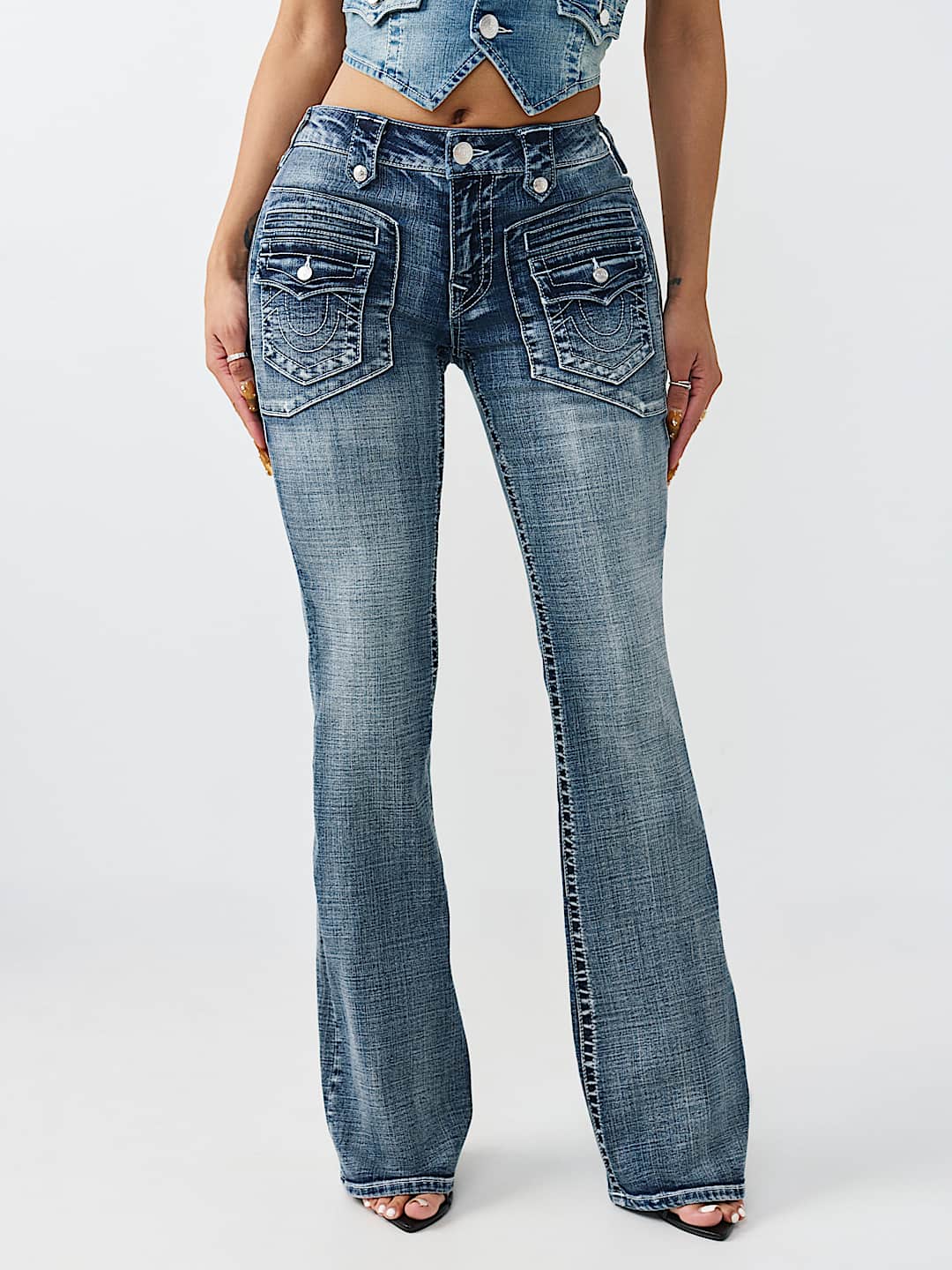 BECCA MID RISE RETRO POCKET FLAP BOOTCUT JEAN, image 1