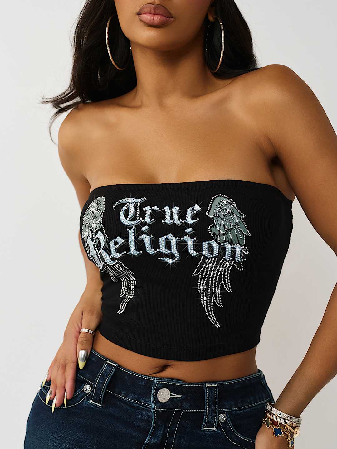 Женский топ-бандо True Religion Crystal Wing без бретелей с кристаллами, черный