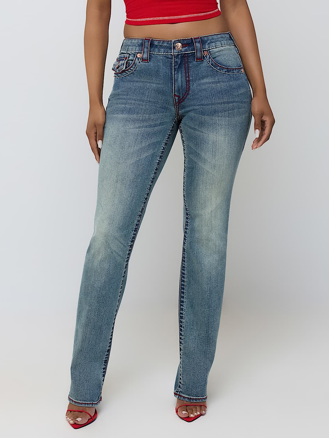 BILLIE MID RISE DOUBLE HORSESHOE BIG T FLAP STRAIGHT JEAN