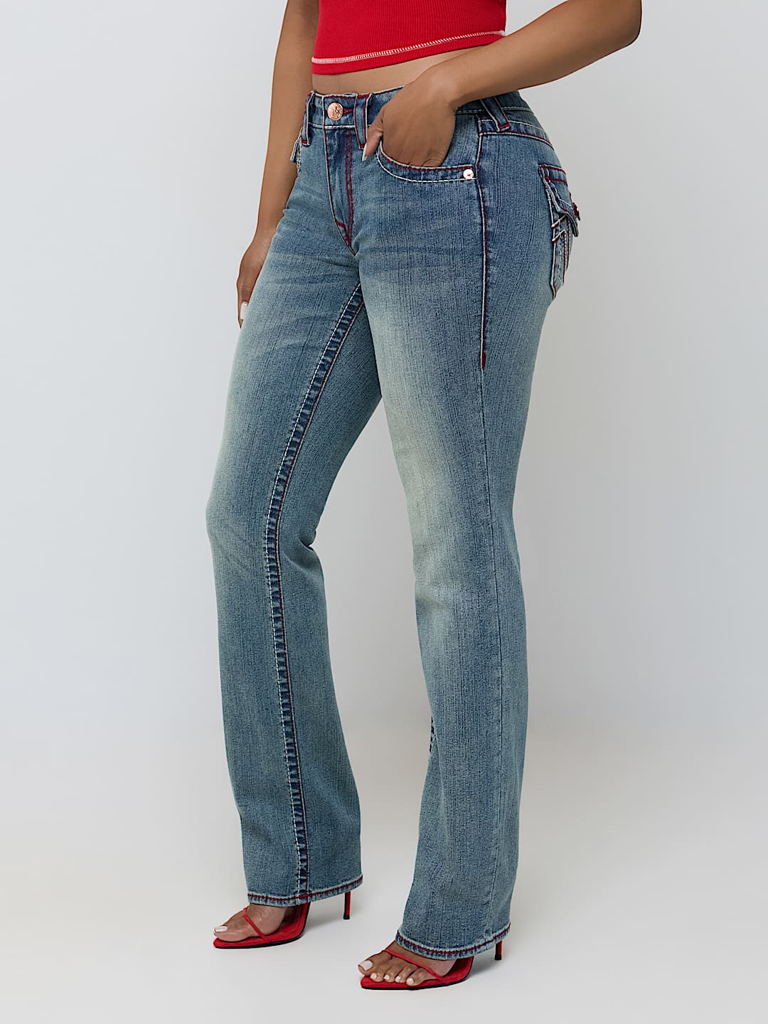 BILLIE MID RISE DOUBLE HORSESHOE BIG T FLAP STRAIGHT JEAN