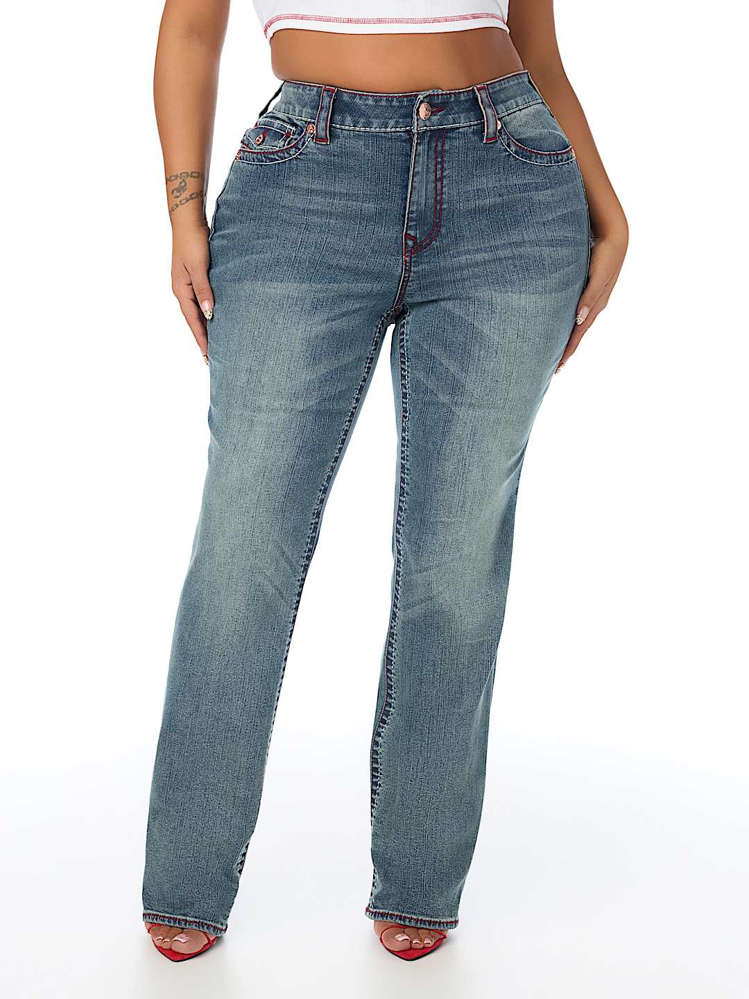 PLUS BILLIE MID RISE DOUBLE HORSESHOE BIG T FLAP STRAIGHT JEAN