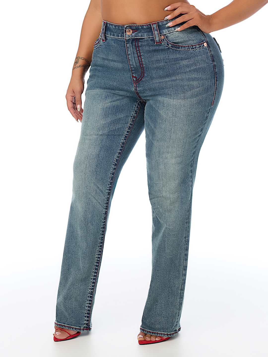 PLUS BILLIE MID RISE DOUBLE HORSESHOE BIG T FLAP STRAIGHT JEAN