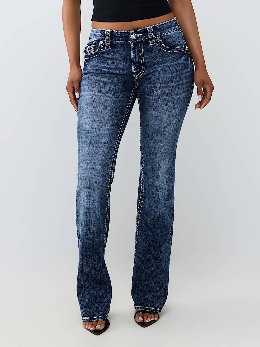 BECCA MID RISE CRYSTAL BIG T FLAP BOOTCUT JEAN