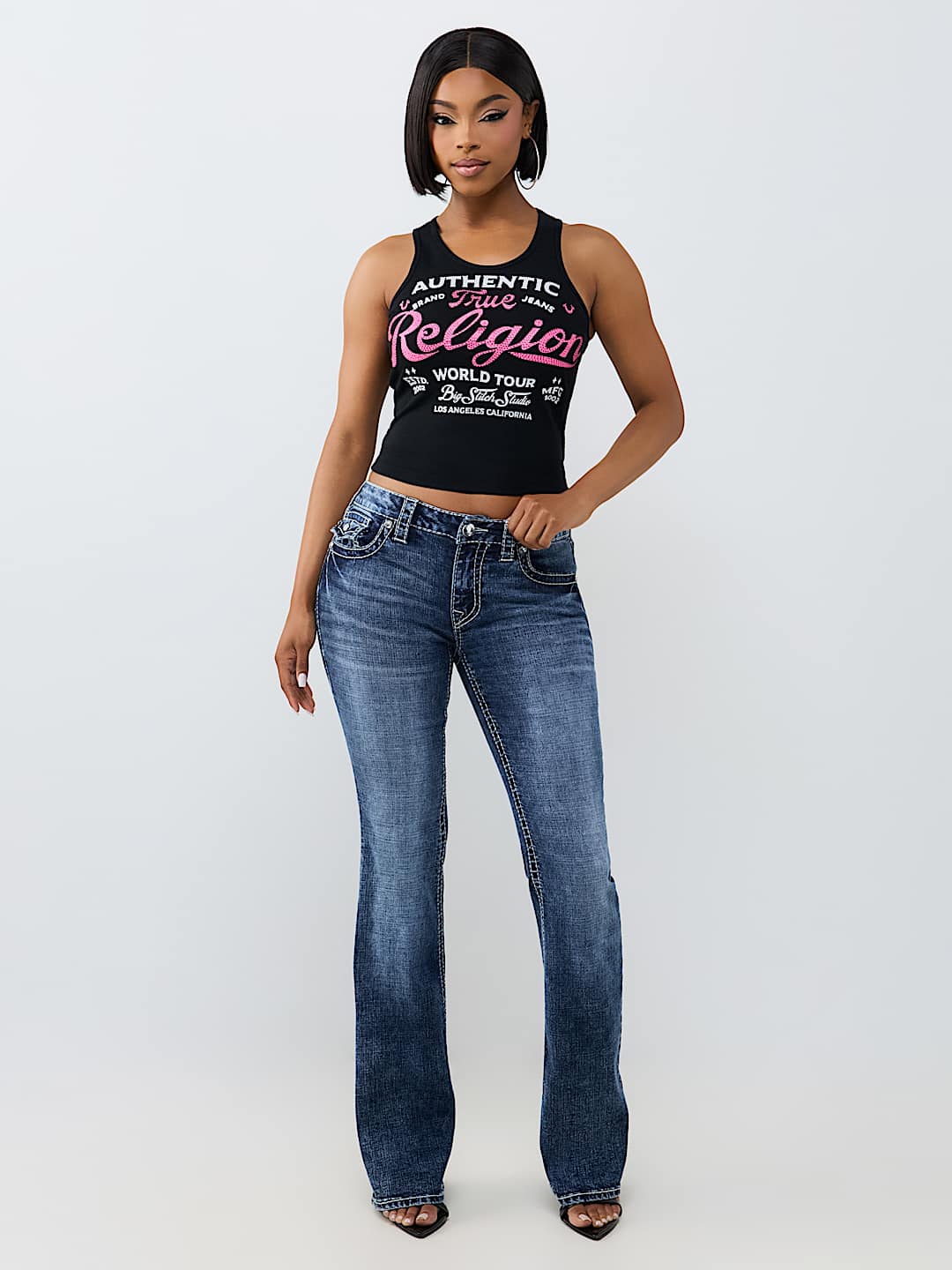 BECCA MID RISE CRYSTAL BIG T FLAP BOOTCUT JEAN